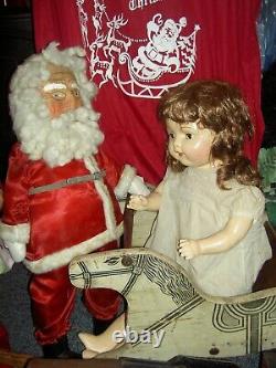 Antique HAFT cloth, straw stuffed SANTA CLAUS doll store display c1929 withlight