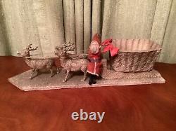 Antique Handmade Cotton Santa Claus and Paper Mâché Sleigh and Cotton Reindeer