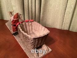 Antique Handmade Cotton Santa Claus and Paper Mâché Sleigh and Cotton Reindeer