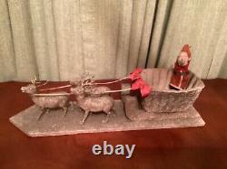 Antique Handmade Cotton Santa Claus and Paper Mâché Sleigh and Cotton Reindeer