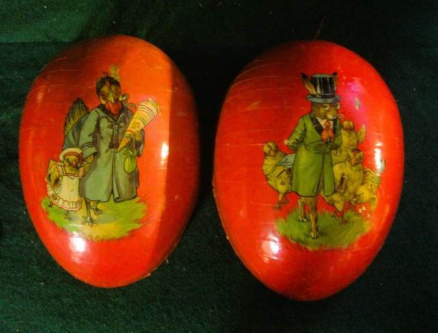 Antique Large Paper Mache 11 Egg Candy Container Red Easter Bunny Rabbit
