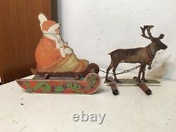 Antique Litho On Wood Santa On Sleigh With Reindeer German Bliss Type Toy Decor