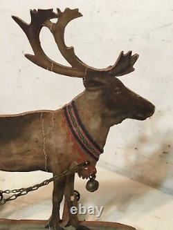 Antique Litho On Wood Santa On Sleigh With Reindeer German Bliss Type Toy Decor