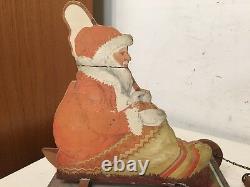 Antique Litho On Wood Santa On Sleigh With Reindeer German Bliss Type Toy Decor