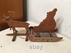Antique Litho On Wood Santa On Sleigh With Reindeer German Bliss Type Toy Decor