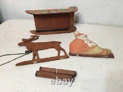 Antique Litho On Wood Santa On Sleigh With Reindeer German Bliss Type Toy Decor