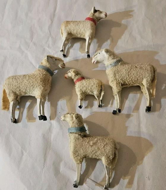 Antique Lot 5 Germany Purz Sheep Christmas Composition Wood Legs Large To Small
