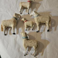 Antique Lot 5 Germany Purz Sheep Christmas Composition Wood Legs Large To Small