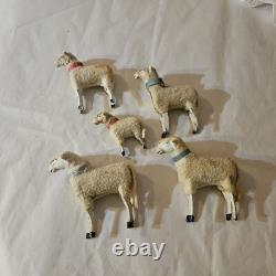 Antique Lot 5 Germany Purz Sheep Christmas Composition Wood Legs Large To Small