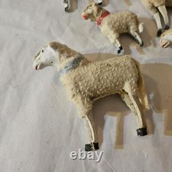 Antique Lot 5 Germany Purz Sheep Christmas Composition Wood Legs Large To Small