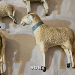 Antique Lot 5 Germany Purz Sheep Christmas Composition Wood Legs Large To Small