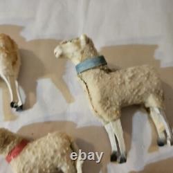 Antique Lot 5 Germany Purz Sheep Christmas Composition Wood Legs Large To Small