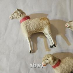 Antique Lot 5 Germany Purz Sheep Christmas Composition Wood Legs Large To Small