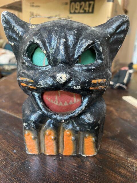Antique Paper Mache Black Cat Halloween Pail