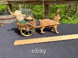 Antique Paper Mache Bunny Rabbit Pulling Cart Candy Container Easter Germany