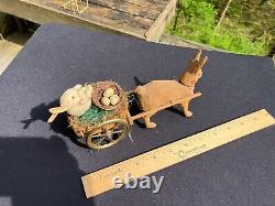 Antique Paper Mache Bunny Rabbit Pulling Cart Candy Container Easter Germany