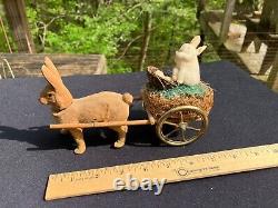 Antique Paper Mache Bunny Rabbit Pulling Cart Candy Container Easter Germany