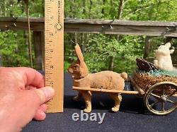 Antique Paper Mache Bunny Rabbit Pulling Cart Candy Container Easter Germany