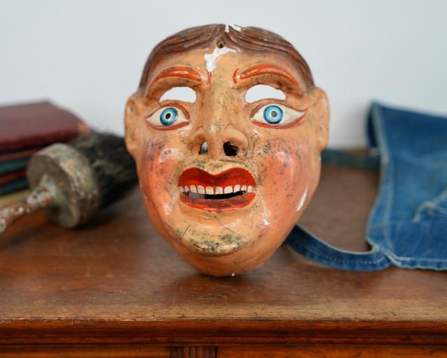 Antique Paper Mache Carnival Head Mask Halloween Prop Parade Vintage Oddity