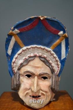 Antique Paper Mache Carnival Head Mask Halloween Witch Parade Vintage Oddity