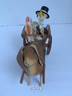 Antique Paper Mache Easter Bunny Rabbit Toy Cart with Chick & Cotton Bunny