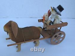 Antique Paper Mache Easter Bunny Rabbit Toy Cart with Chick & Cotton Bunny