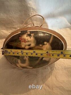 Antique Rare German Paper Mache Kitty Lithograph Egg Candy Container Purse
