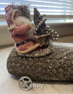 Antique Reproduction 1900s Santa/ Mica-Encrusted Early Auto Christmas Decor EXC