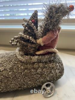 Antique Reproduction 1900s Santa/ Mica-Encrusted Early Auto Christmas Decor EXC