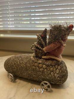 Antique Reproduction 1900s Santa/ Mica-Encrusted Early Auto Christmas Decor EXC