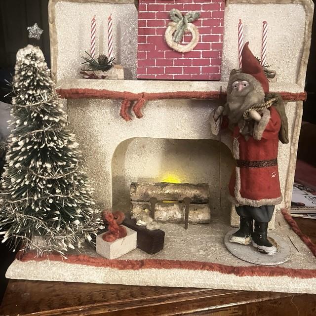 Antique Santa Chimney Mache Lighted Fireplace Xmas Tree Scene Music Box