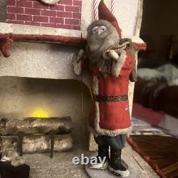 Antique Santa Chimney Mache Lighted Fireplace Xmas Tree Scene Music Box