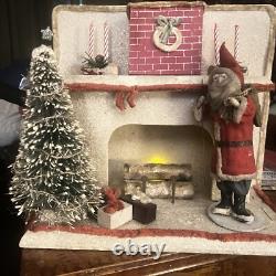 Antique Santa Chimney Mache Lighted Fireplace Xmas Tree Scene Music Box
