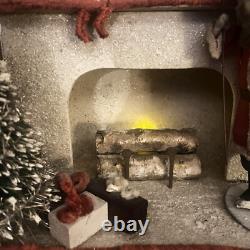 Antique Santa Chimney Mache Lighted Fireplace Xmas Tree Scene Music Box