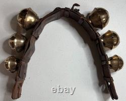 Antique Vermont Brass Sleigh Bells on Leather Strap 6 Bells Rump c. 1900 Xmas