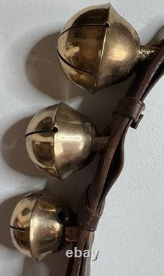Antique Vermont Brass Sleigh Bells on Leather Strap 6 Bells Rump c. 1900 Xmas