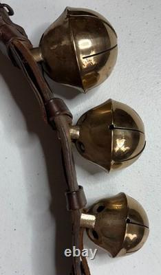 Antique Vermont Brass Sleigh Bells on Leather Strap 6 Bells Rump c. 1900 Xmas
