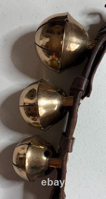 Antique Vermont Brass Sleigh Bells on Leather Strap 6 Bells Rump c. 1900 Xmas