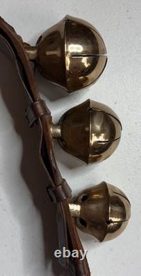 Antique Vermont Brass Sleigh Bells on Leather Strap 6 Bells Rump c. 1900 Xmas