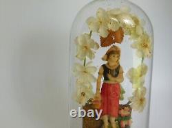 Antique Victorian Blown Glass Domes Wax Valentine Girl Figure withFloral Arch 1870