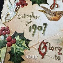 Antique Victorian Christmas Die Cut Calendar Large 1907 Folding Card Holly Birds