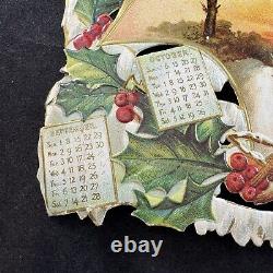 Antique Victorian Christmas Die Cut Calendar Large 1907 Folding Card Holly Birds