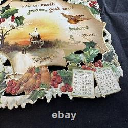 Antique Victorian Christmas Die Cut Calendar Large 1907 Folding Card Holly Birds