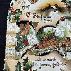 Antique Victorian Christmas Die Cut Calendar Large 1907 Folding Card Holly Birds