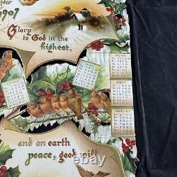 Antique Victorian Christmas Die Cut Calendar Large 1907 Folding Card Holly Birds