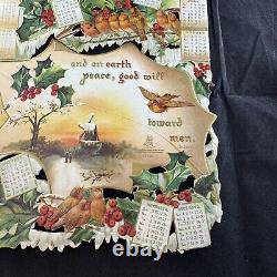 Antique Victorian Christmas Die Cut Calendar Large 1907 Folding Card Holly Birds