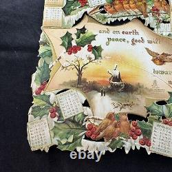 Antique Victorian Christmas Die Cut Calendar Large 1907 Folding Card Holly Birds