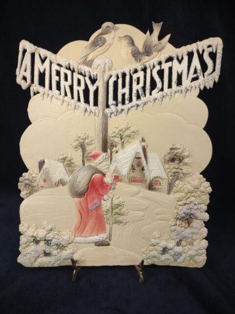 Antique West Germany Christmas Die Cut Large Santa Bird Mica Embossed Cardboard