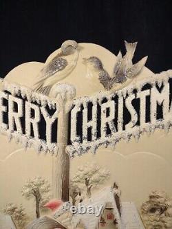 Antique West Germany Christmas die cut large Santa bird mica embossed cardboard