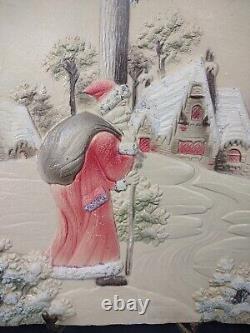 Antique West Germany Christmas die cut large Santa bird mica embossed cardboard